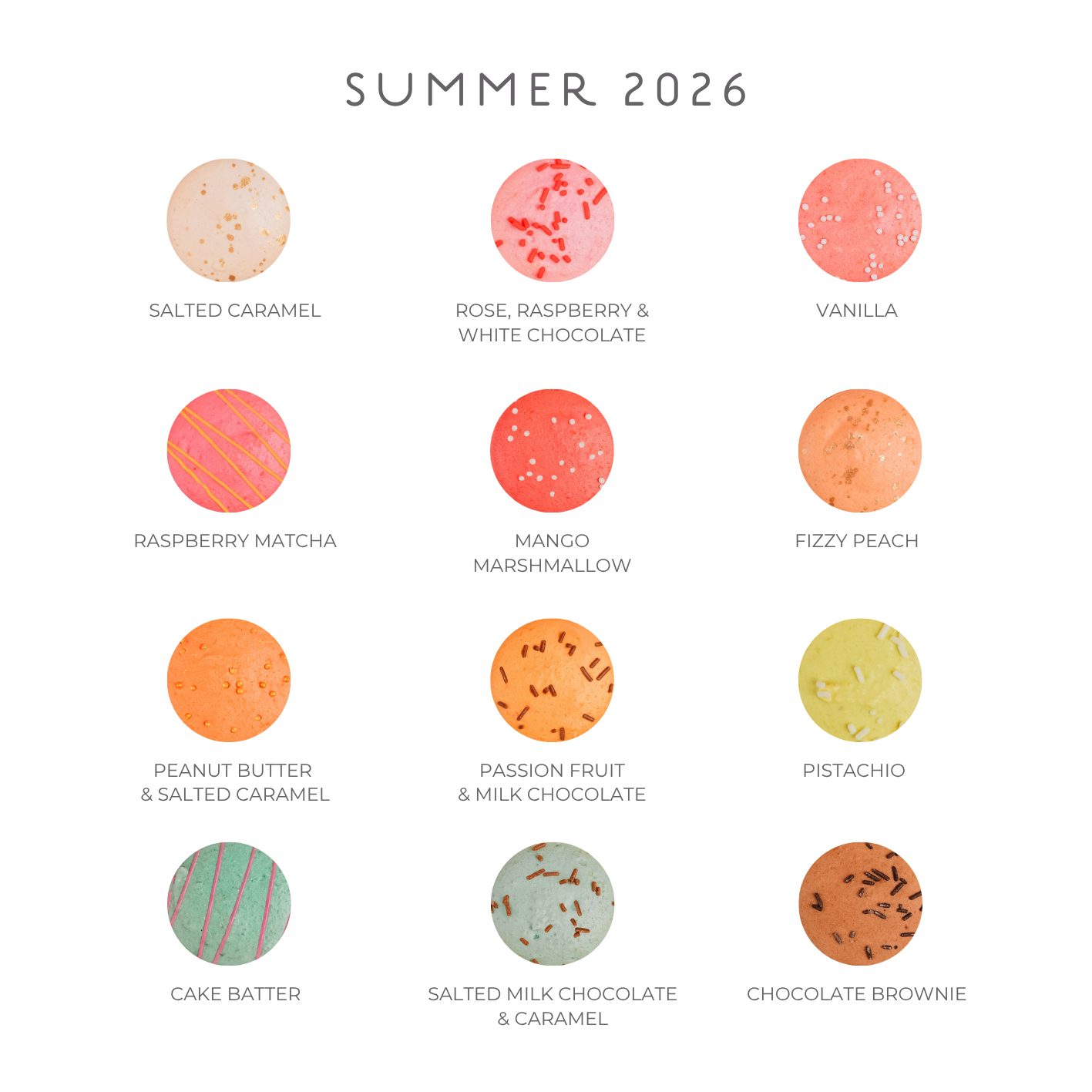 Flavour pictures of various macaron flavours with corresponding names for Summer 2026 on a white background.