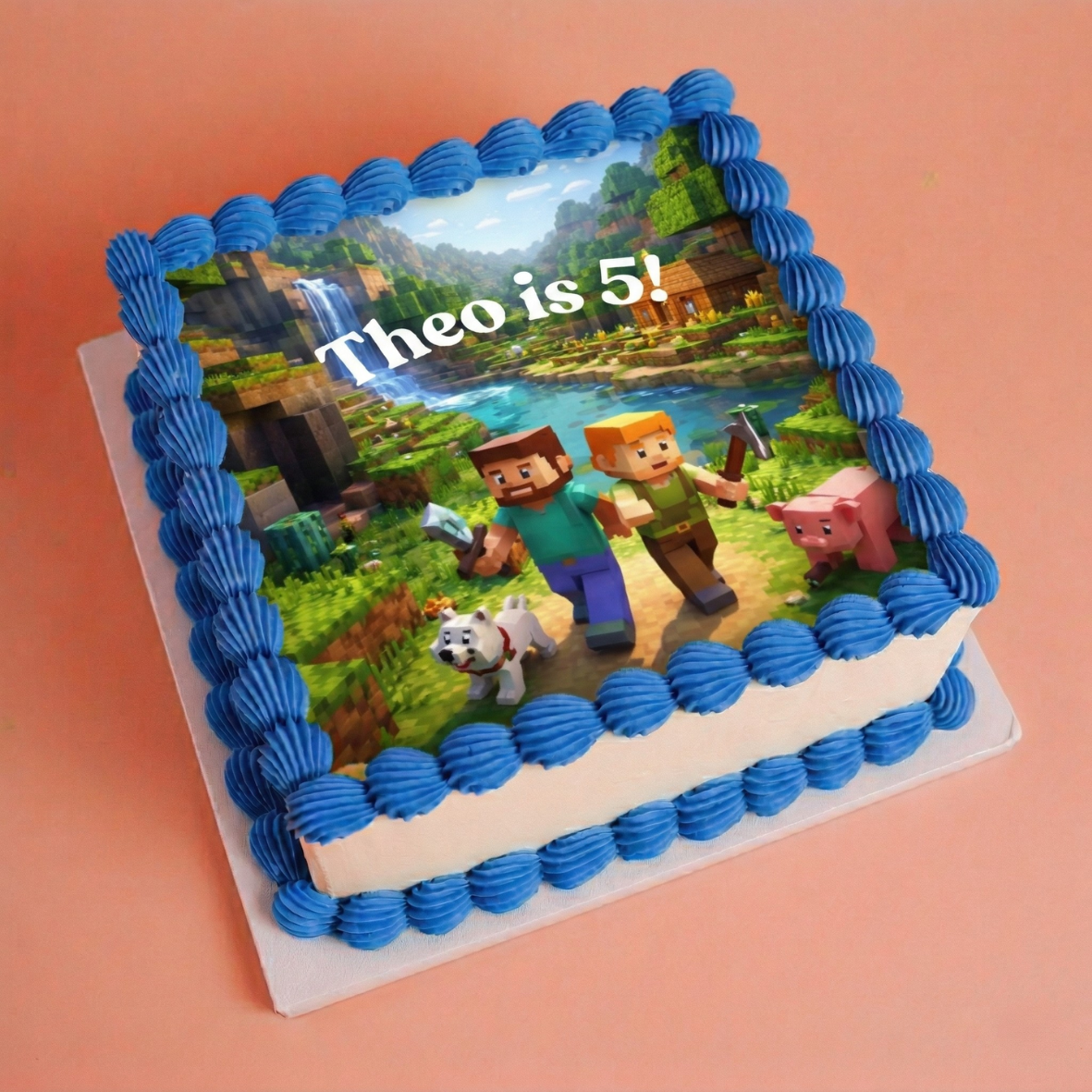 Birthday cake with Minecraft-themed design and &