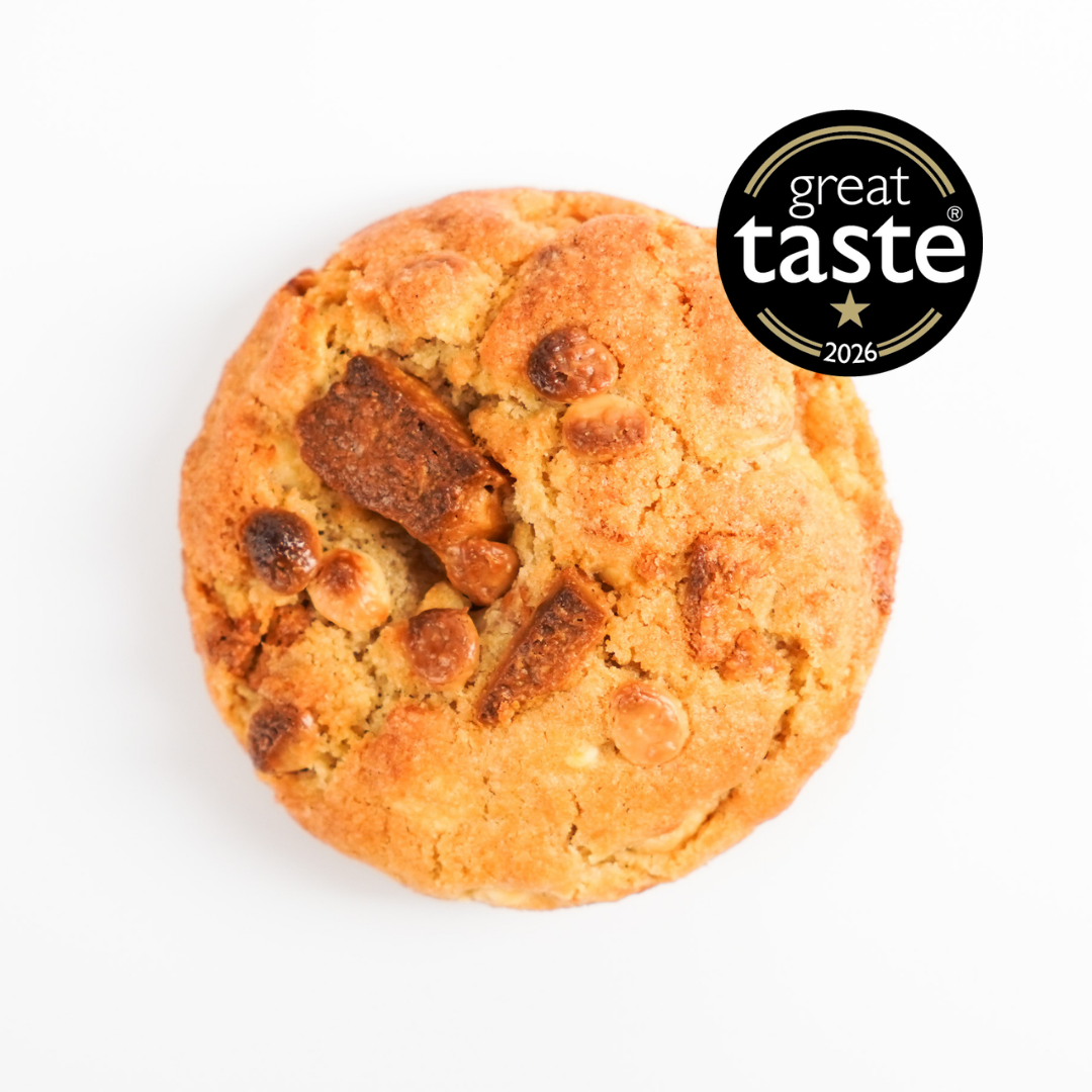 caramelised white chocolate cookie, award winning cookies UK, chunky cookies delivered, gourmet white chocolate cookie, great taste award bakery, artisan cookies Bristol, gooey cookies UK, fresh baked cookies delivered, ANNA cakehouse