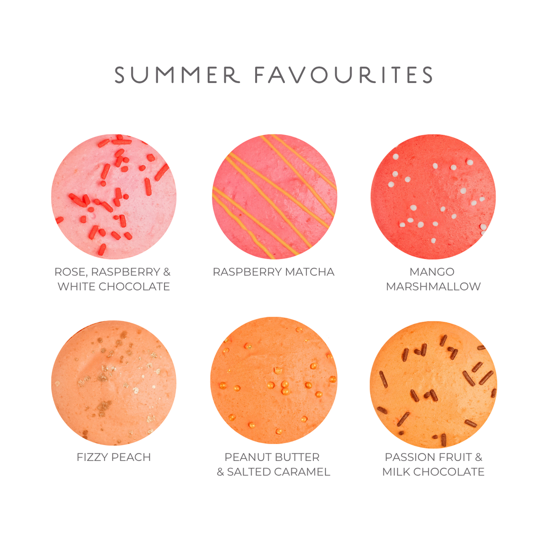 Illustrations of various macaron flavours with text labels on a white background