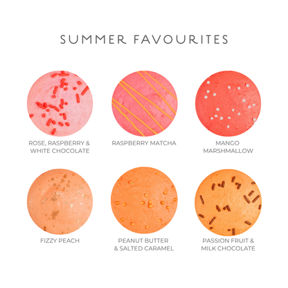 Illustrations of various macaron flavours with text labels on a white background