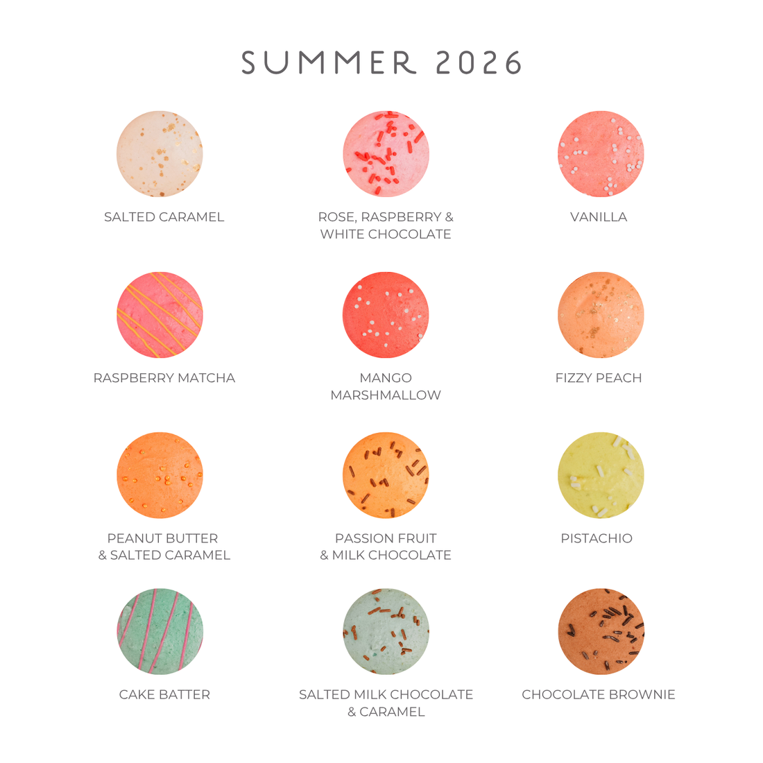 Flavour pictures of various macaron flavours with corresponding names for Summer 2026 on a white background.