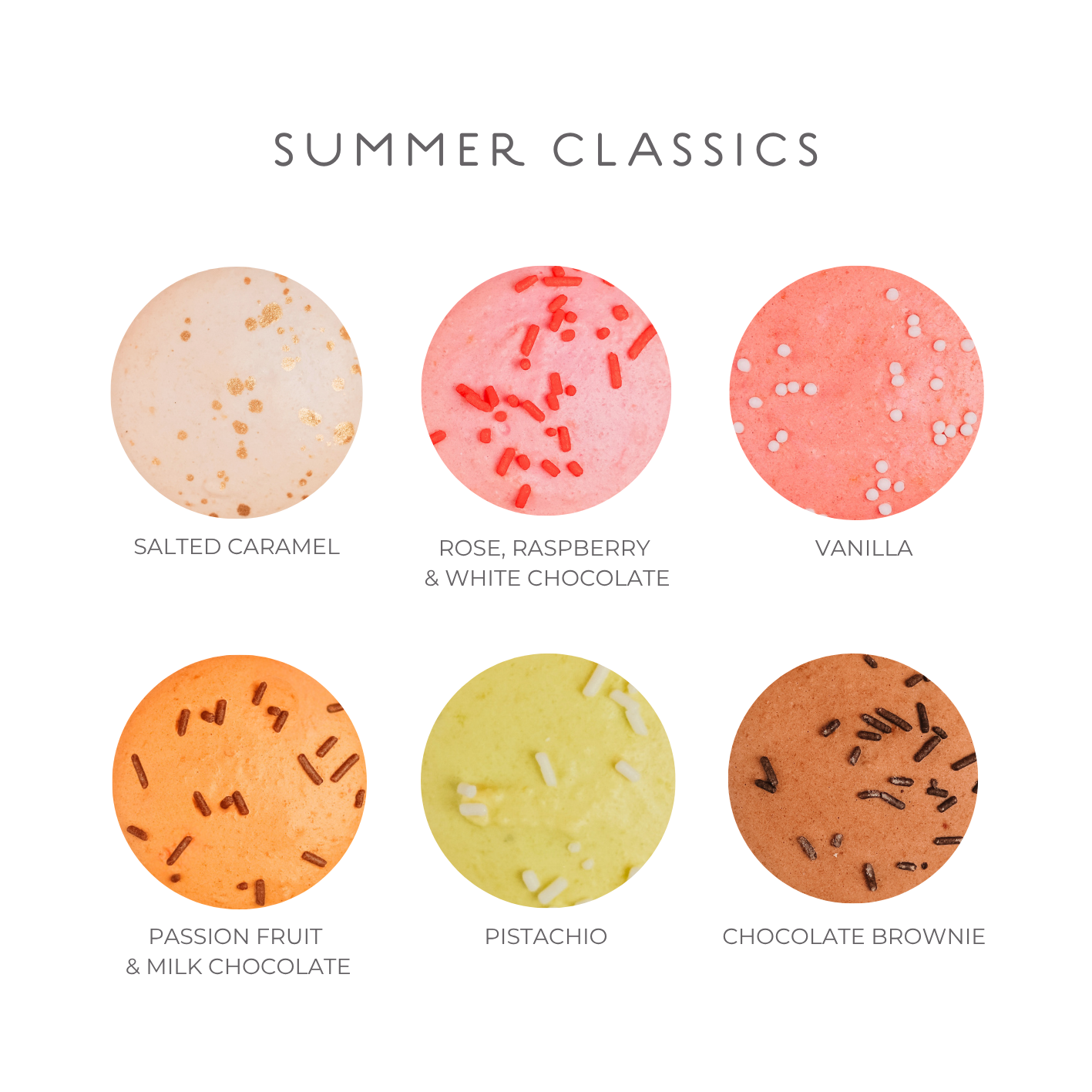 Six different flavour macarons labeled &