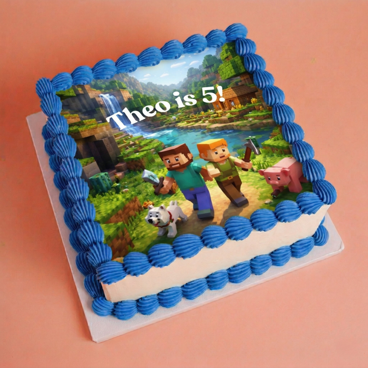 Birthday cake with Minecraft-themed design and 'Theo is 5!' text on a peach background