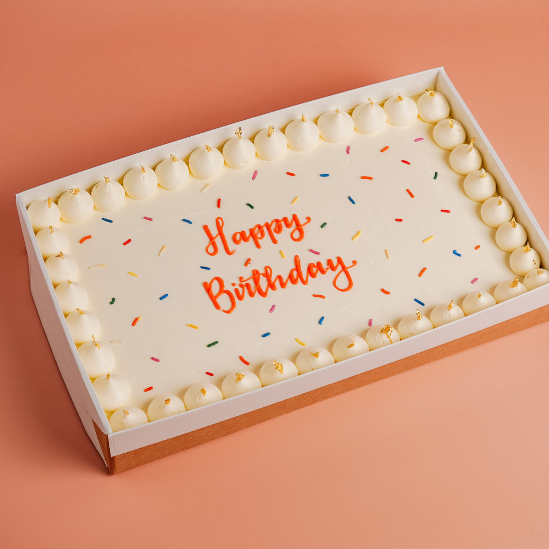 Rectangle Sheet Party Cake in White, wiht sprinkles and bright piped message &
