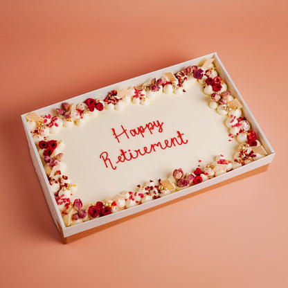 White Sheet Cake with rustic floral and rose decorations, with a personalised piped message &