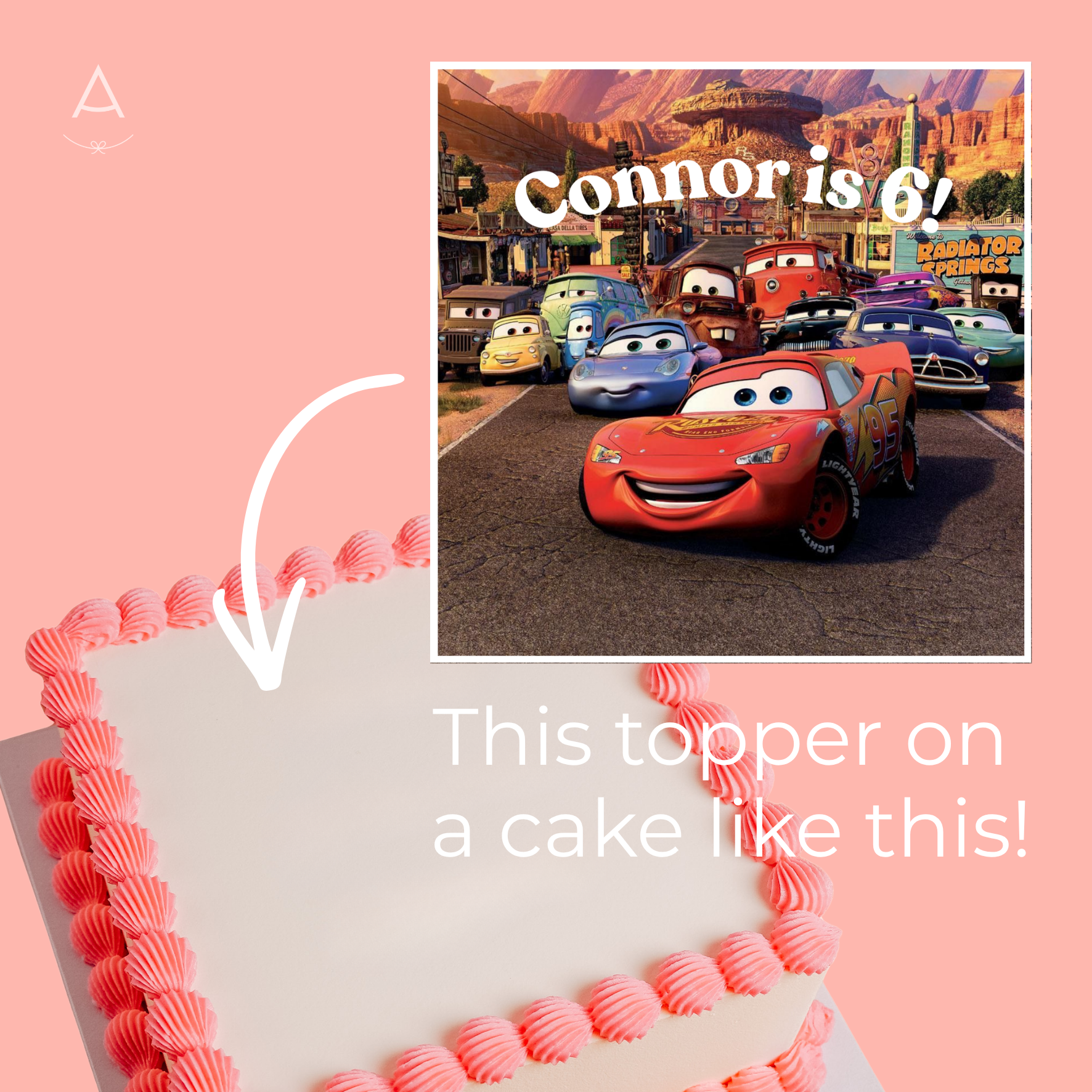 Cake with pink icing and a photo of Lightning McQueen from &