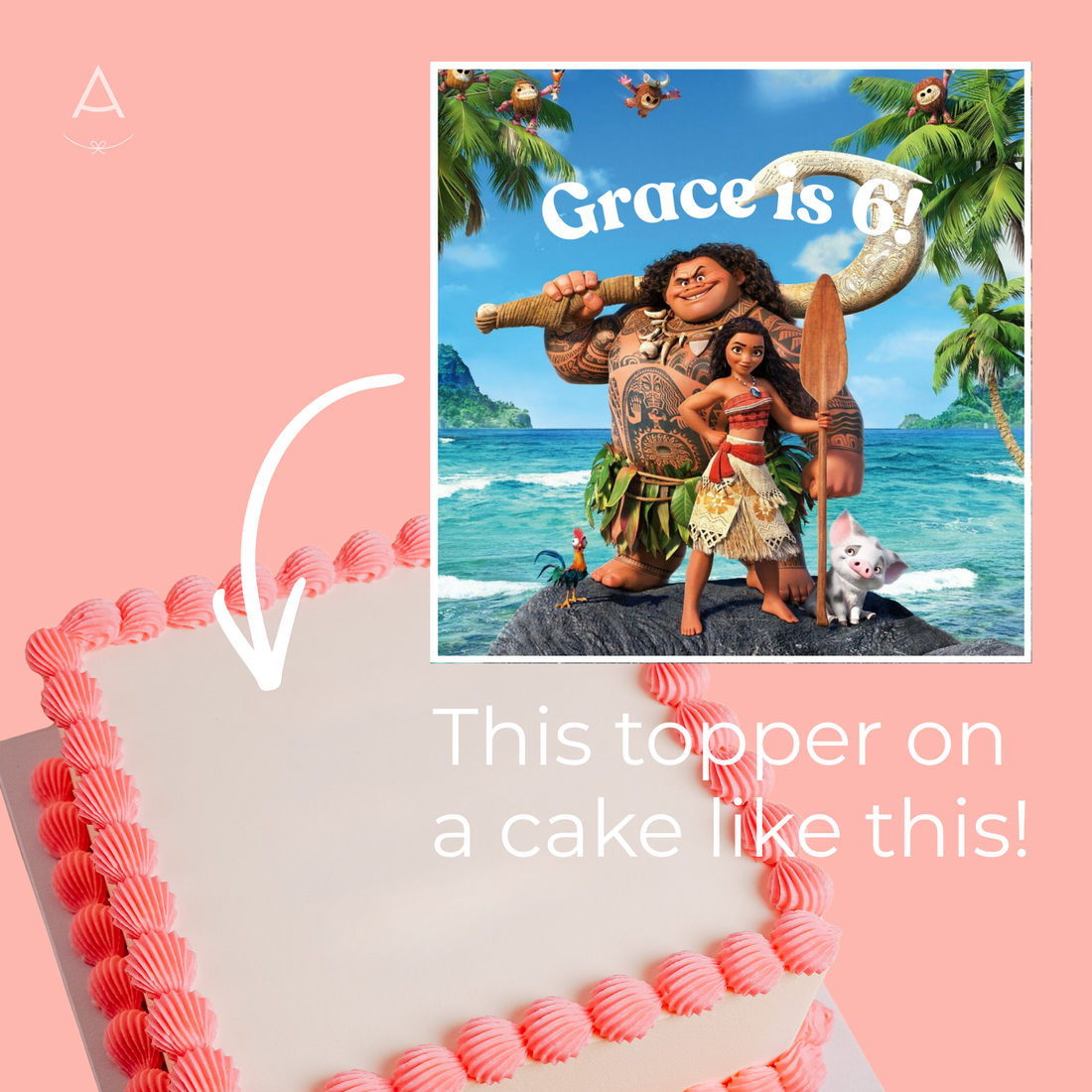 Cake topper with Moana and Maui characters on a pink background